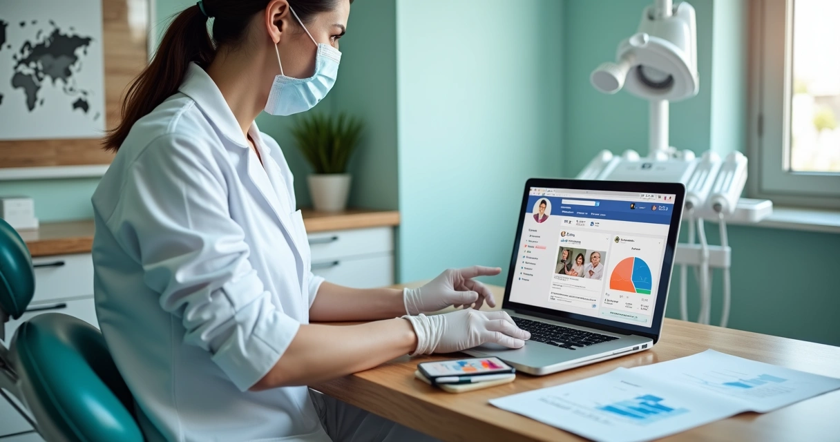 Dentista analisando estratégias de redes sociais em frente ao consultório odontológico 