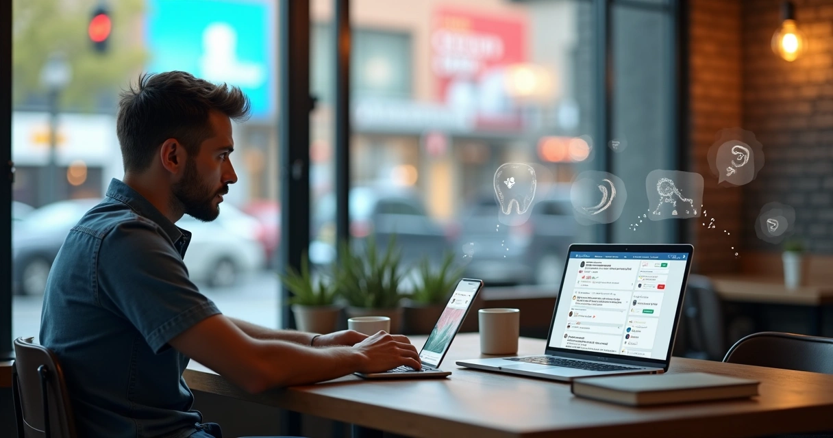 Dentista confuso analisando rede social com ícones de erro e poucos engajamentos 