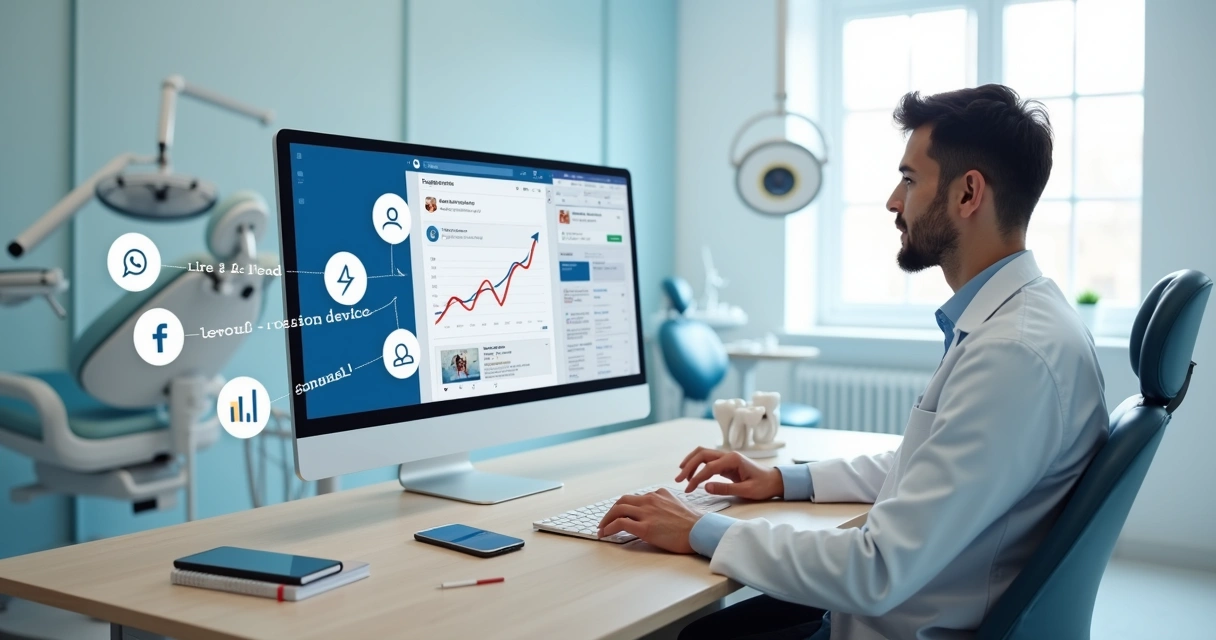 Dentista analisando redes sociais com transforma seguidores em pacientes na tela 