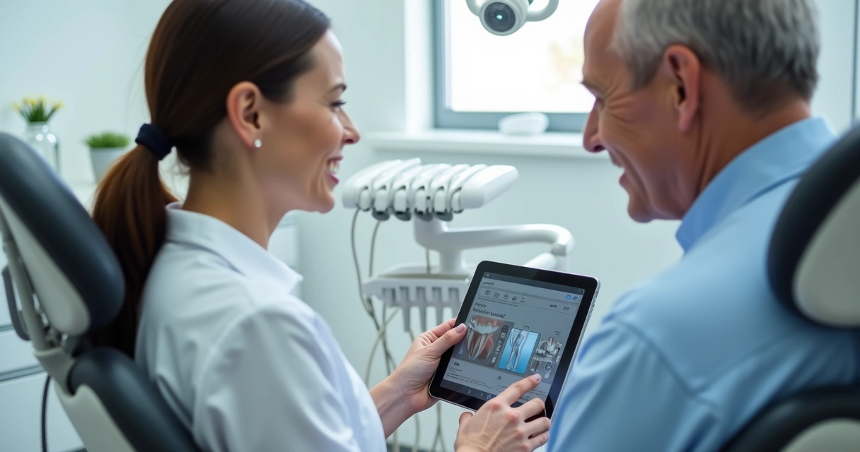 Dentista conversando com paciente sentado em consultório, sorrindo e explicando um tratamento com tablet 