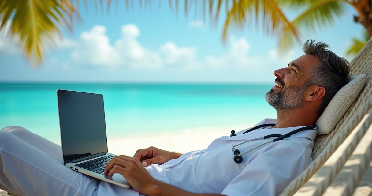 Dentista aproveita férias na praia com notebook fechado