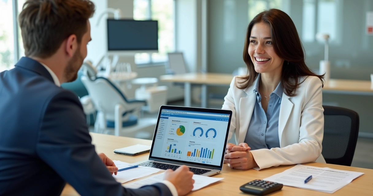 Gestor de clínica odontológica negociando contrato com representante de convênio 