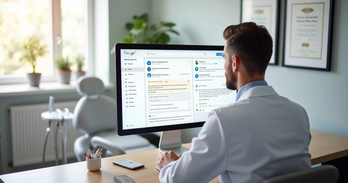 Dentista observando avaliações online em tela com foco em recuperação de reputação 