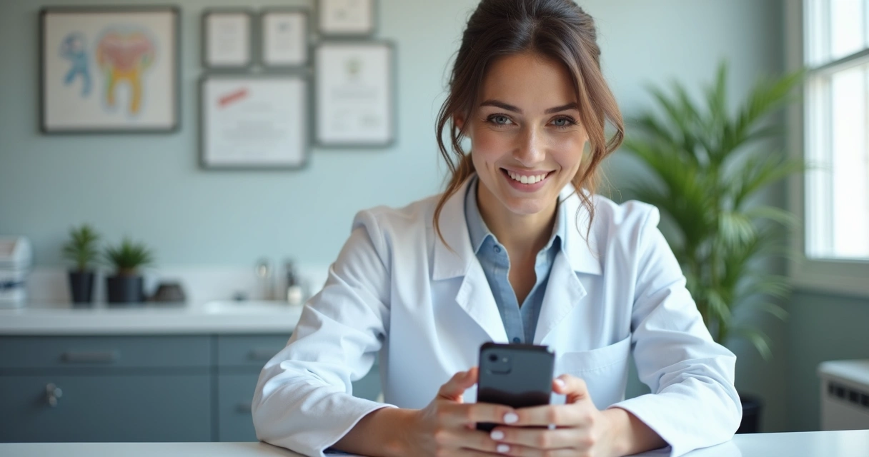 Dentista responde mensagens no celular, consultório ao fundo, ambiente iluminado 