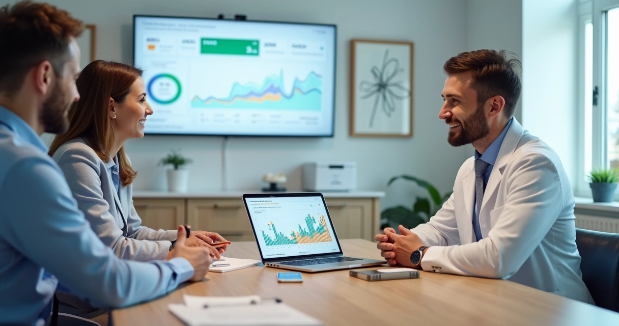 Dentista em reunião estratégica com agência de marketing digital 