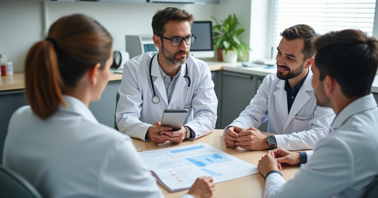 Dentistas e gestor reunidos analisando tabela de comissões em clínica odontológica 