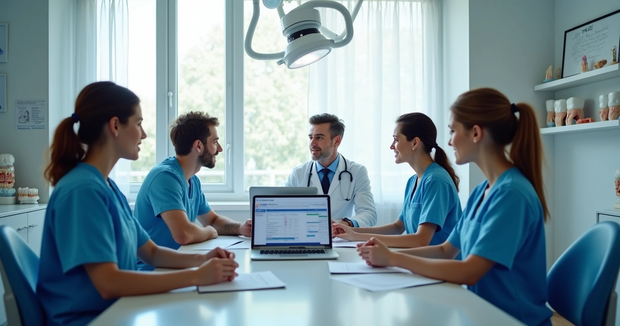 Dentista em reunião com equipe na clínica odontológica. 