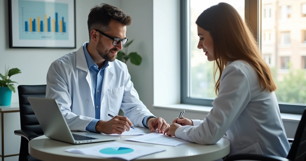 Dentista reunido com consultor de marketing analisando resultados 