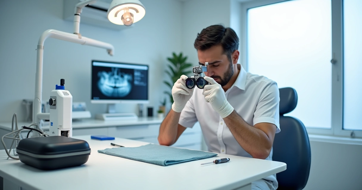 Dentista avaliando lupa Zumax com postura ergonômica em consultório moderno 