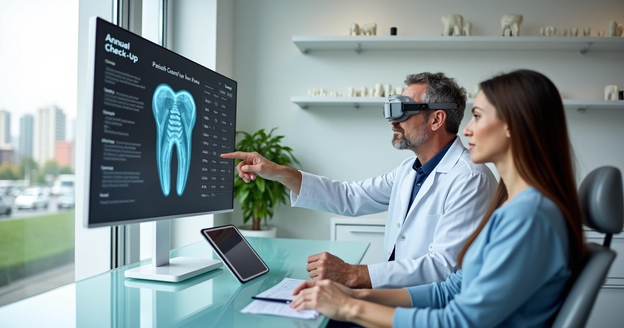 Dentista acompanhando implante dentário em consulta de revisão anual 