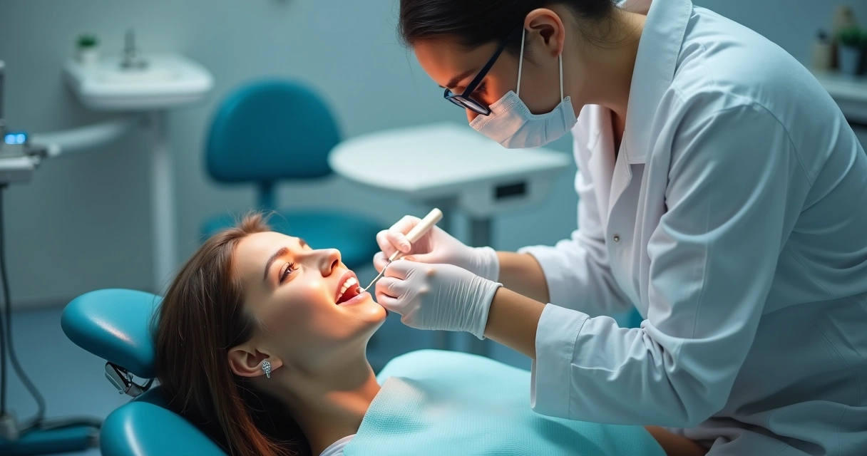 Dentista faz revisão em paciente com implante dentário 