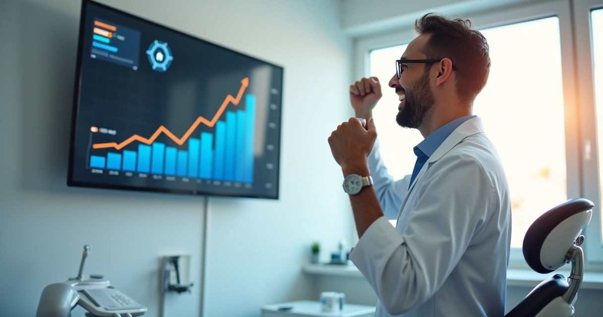 Dentista comemorando resultados na clínica com gráfico de crescimento 