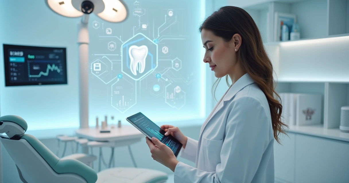 Dentista usando tablet em consultório moderno