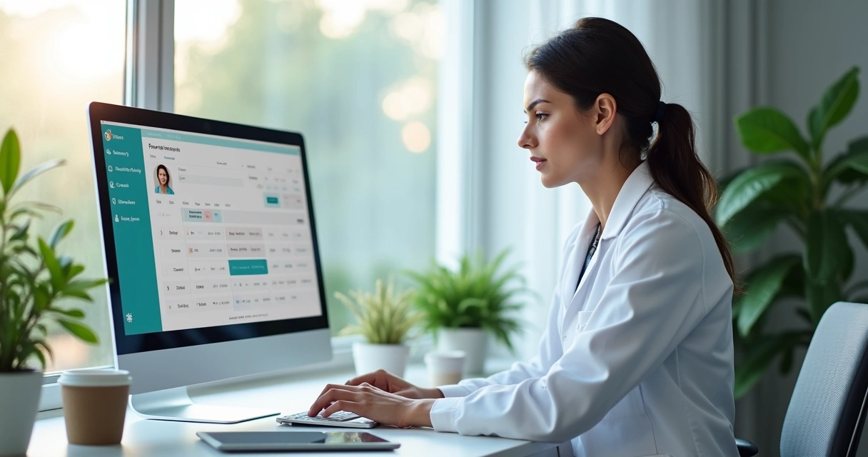 Dentista utilizando sistema digital em clínica