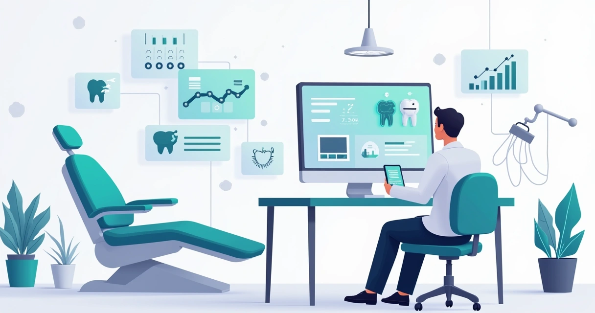 Dentista analisando site moderno com recursos de inteligência artificial 