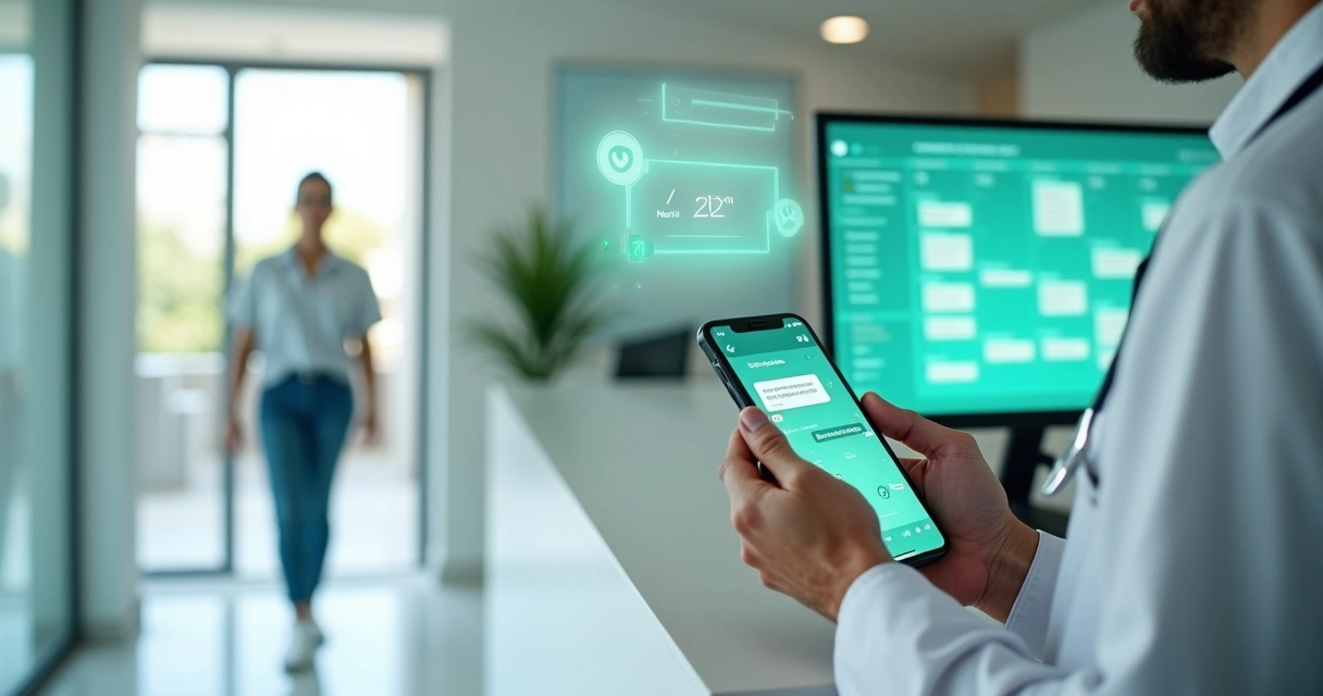 Dentista segurando smartphone com tela de confirmação de consulta por mensagem 