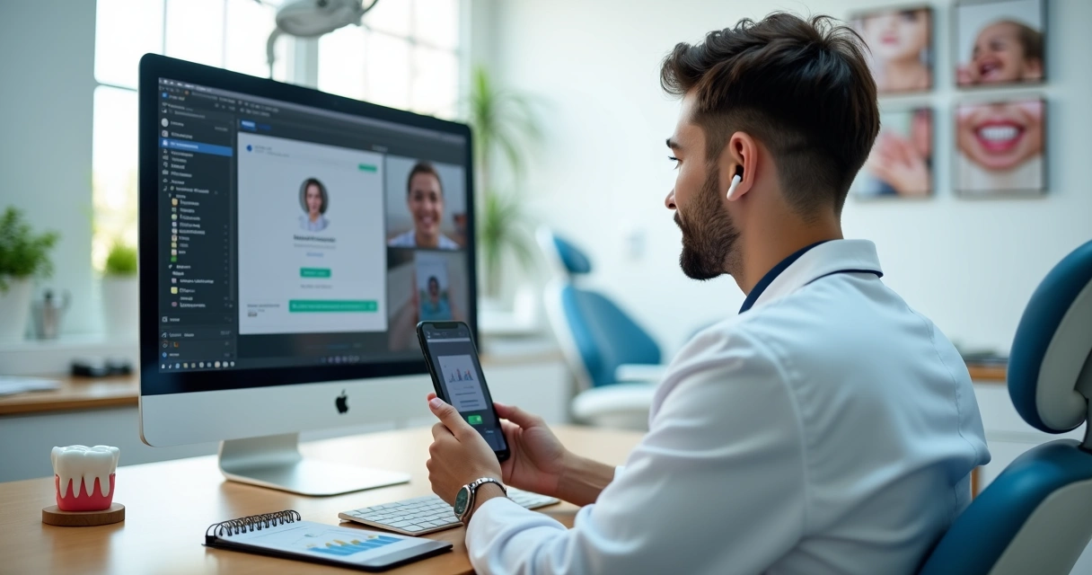 Dentista falando com paciente em vídeo chamada enquanto analisa redes sociais na tela 