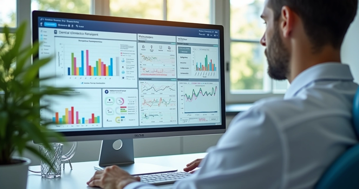 Dentista analisando tela dividida com sistema odontológico e sistema genérico no consultório moderno 