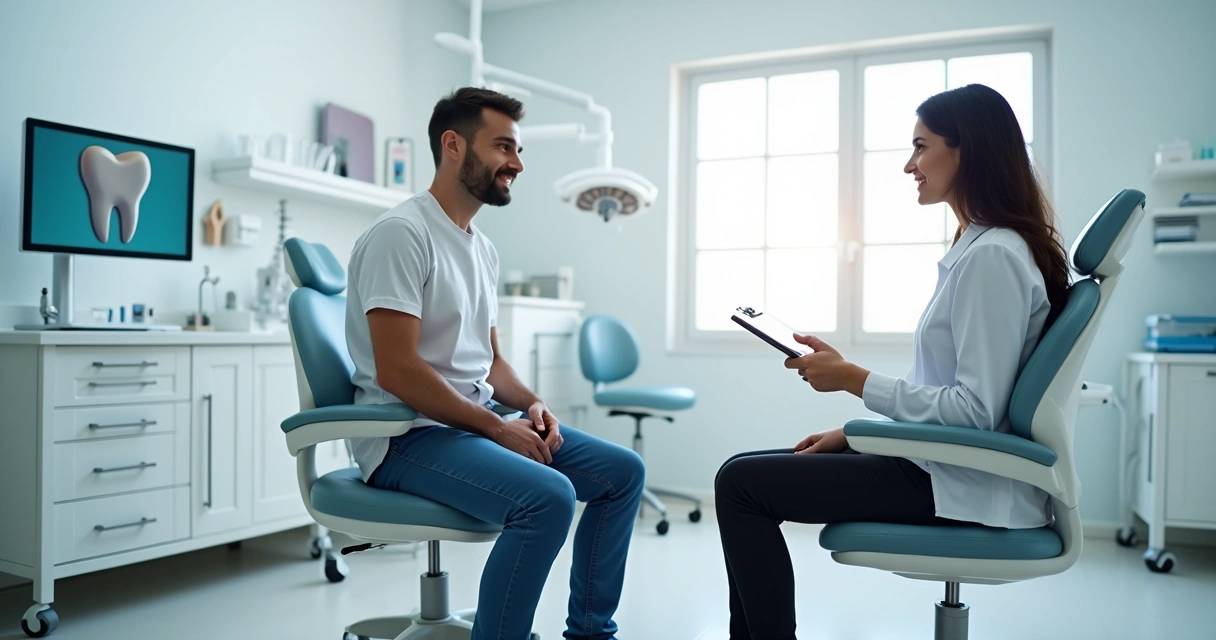 Dentista conversa com paciente usando abordagem consultiva em clínica moderna 