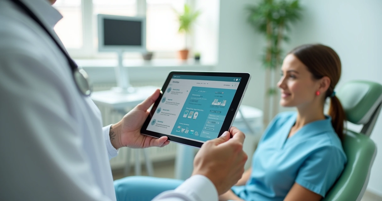 Dentista usando tablet ao lado de paciente em clínica moderna