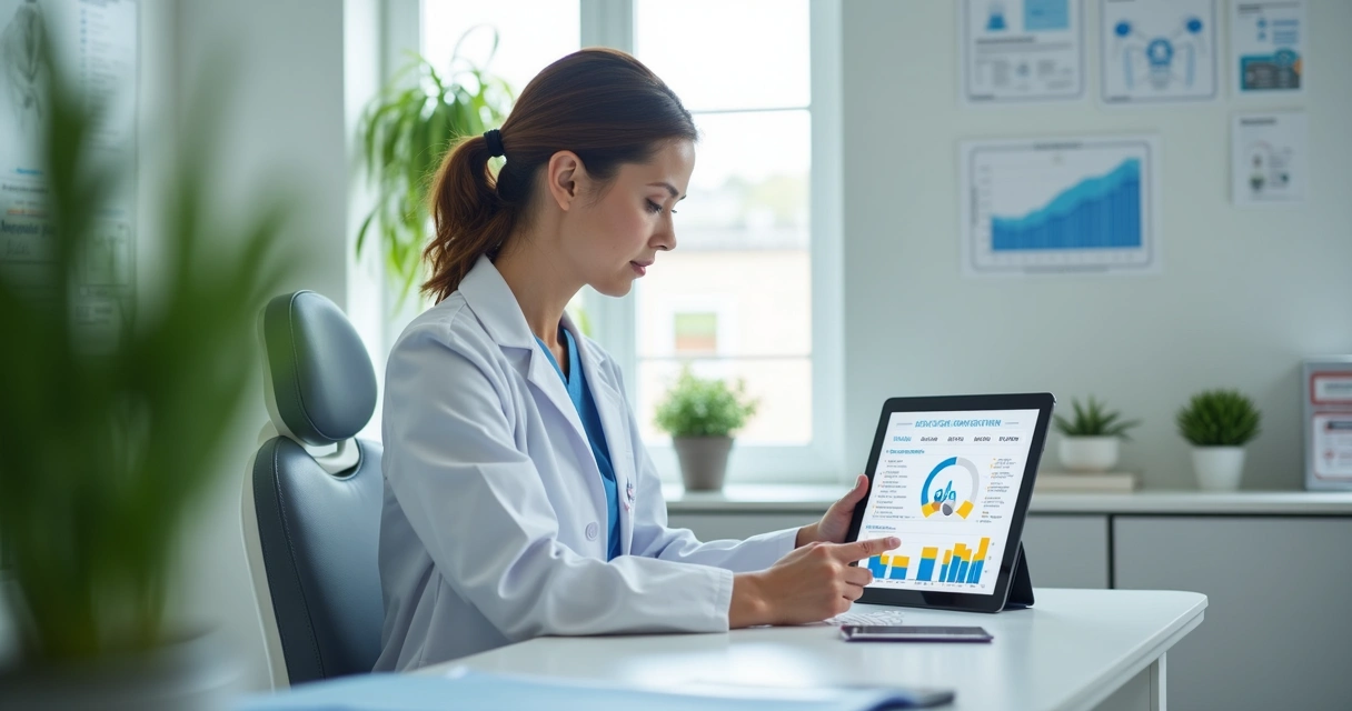 Dentista usando tablet para analisar relatórios de retornos automáticos