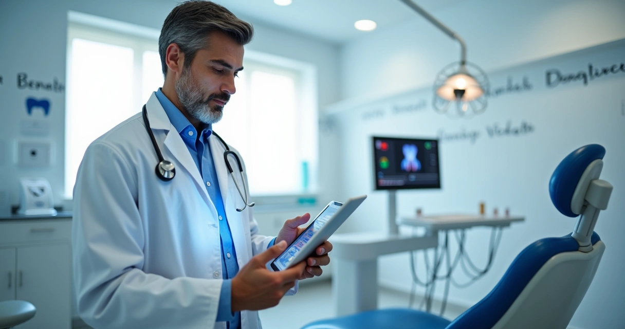 Dentista usando tablet no consultório 