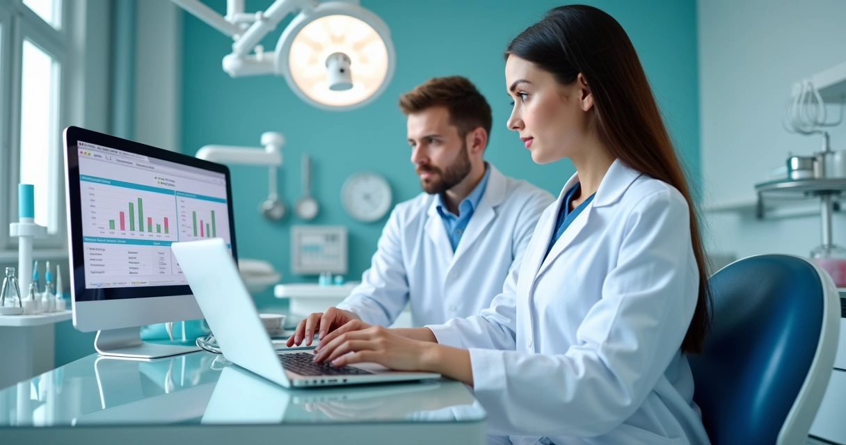 Dentista usando notebook com sistema de gestão na nuvem 