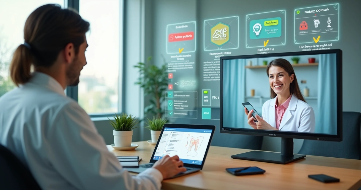 Dentista atendendo paciente em consulta de teledentista em ambiente moderno com telas de normas ao fundo 