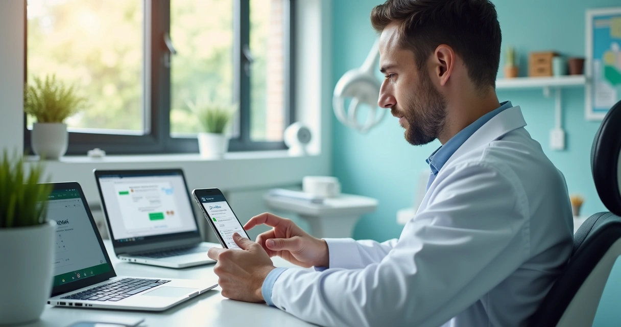 Dentista segurando celular em consultório odontológico