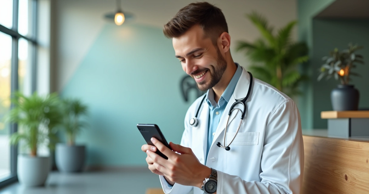 Dentista segurando smartphone com feed do Threads sobre odontologia 