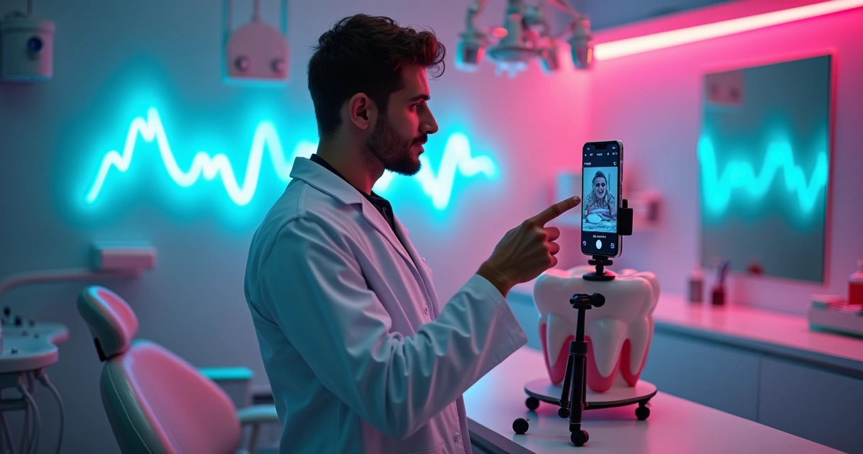 Dentista jovem grava vídeo de TikTok com cenário criativo de consultório 