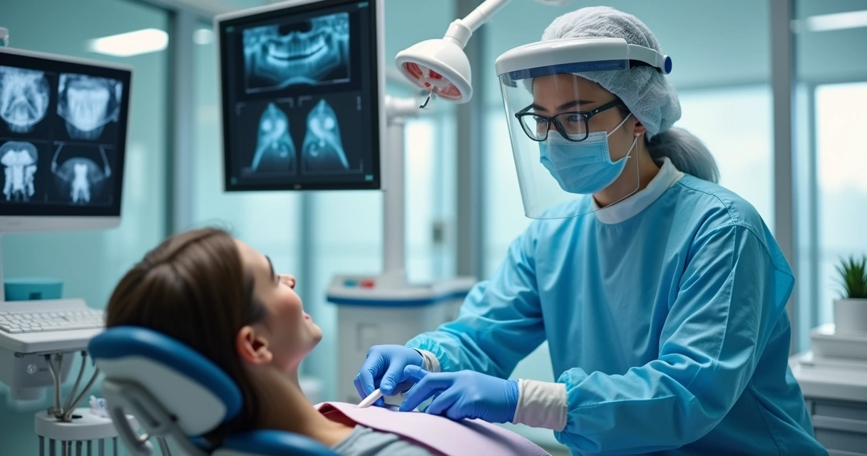 Dentista usando EPI em consultório durante atendimento 