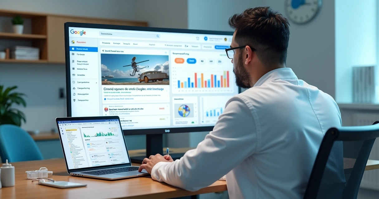 Dentista analisando campanhas de anúncios online no computador em consultório moderno 