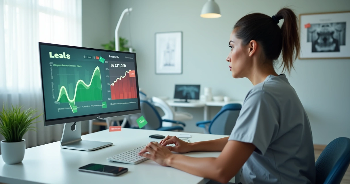 Dentista preocupado olhando painel de anúncios com muitos leads ruins 