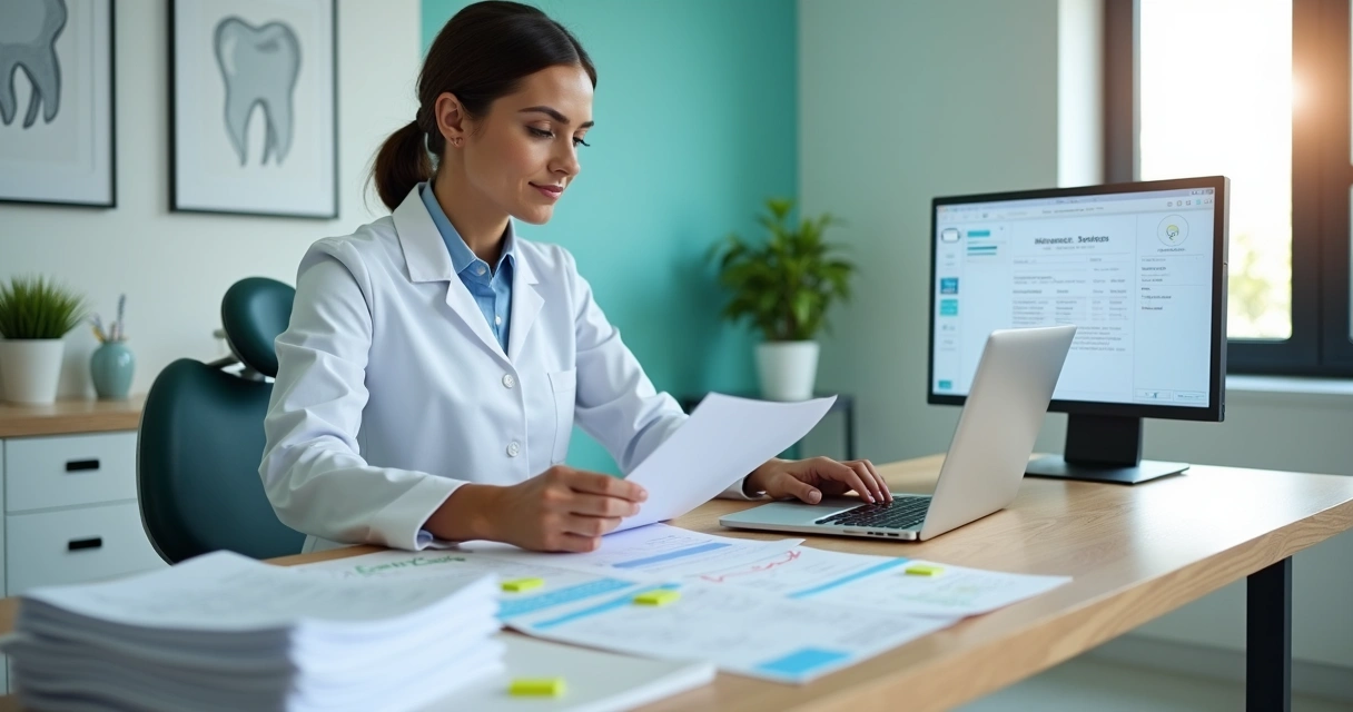Dentista em consultório organizando prontuários em papel e computador com sistema odontológico 