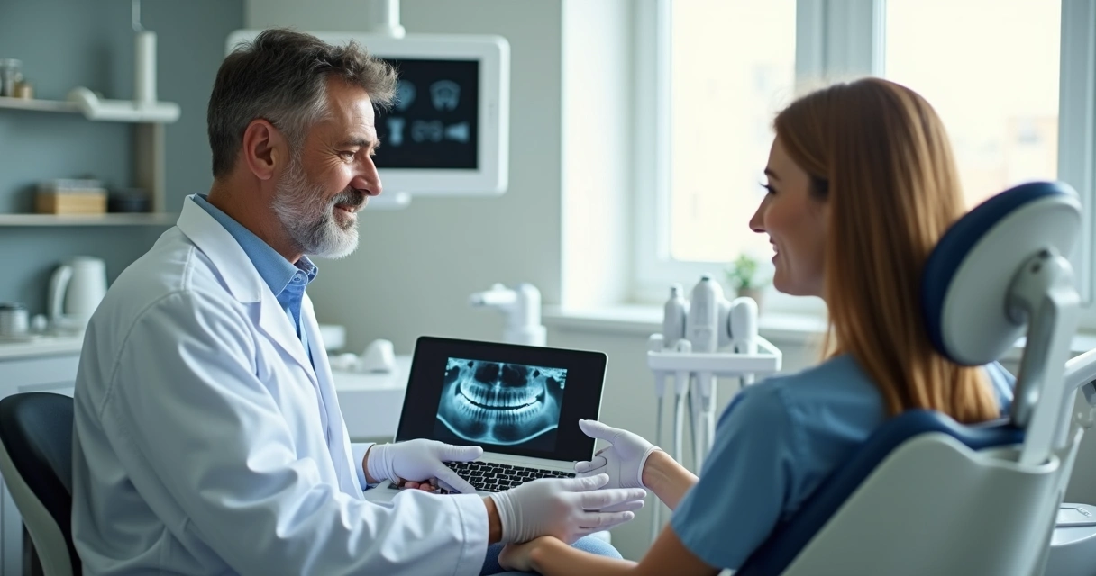 Dentista explicando plano de tratamento odontológico a paciente 
