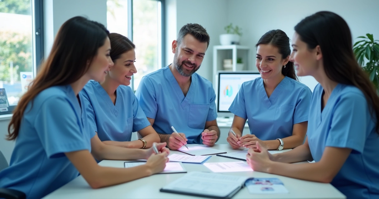 Equipe de consultório odontológico analisando computador antes da troca de sistema 