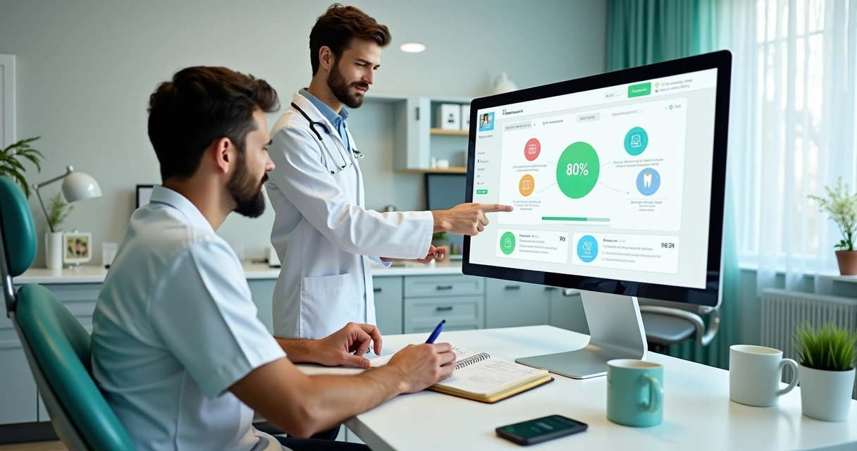 Dentista avaliando troca de sistema odontológico no computador da clínica 