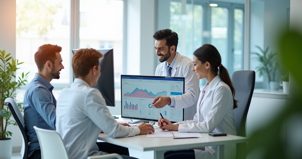 Dentista jovem e equipe trocando sistema odontológico em clínica com computadores e telas mostrando dados e gráficos digitais 