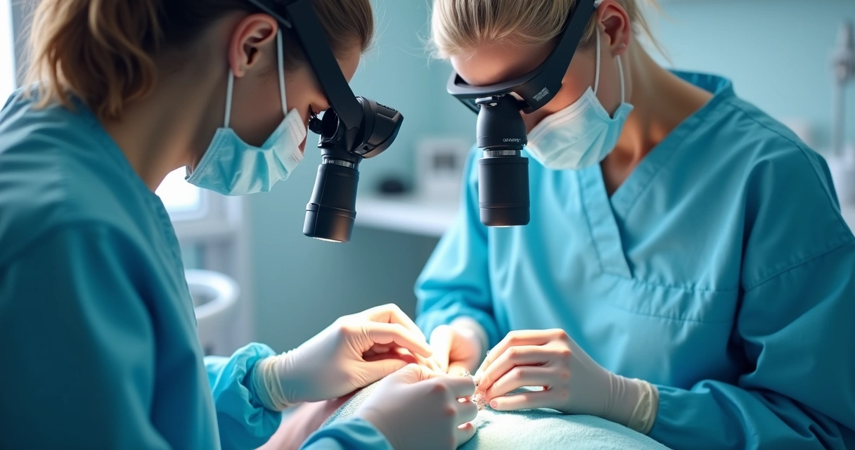 Dentista usando lupa odontológica enquanto realiza cirurgia em paciente