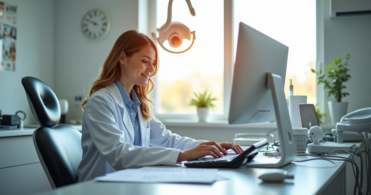 Dentista sentado à mesa usando calculadora em consultório odontológico 