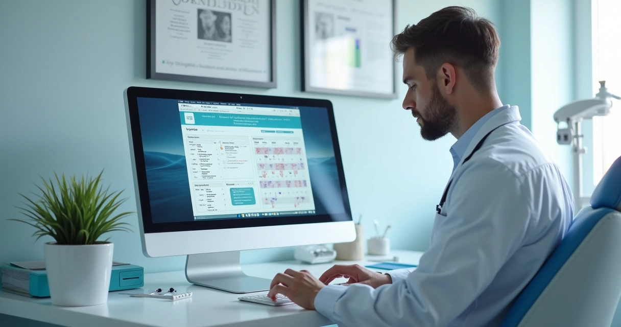 Dentista digitando em computador com tela de agenda digital