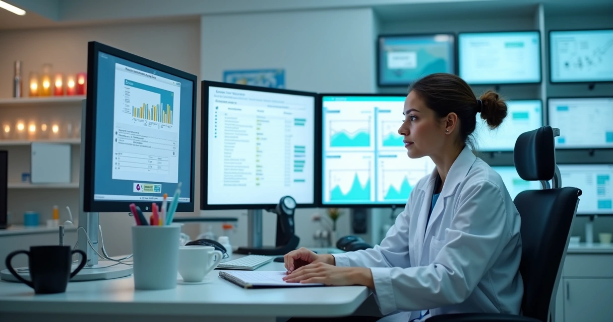 Dentista fazendo consulta em notebook ao lado de arquivos digitais e gráficos financeiros