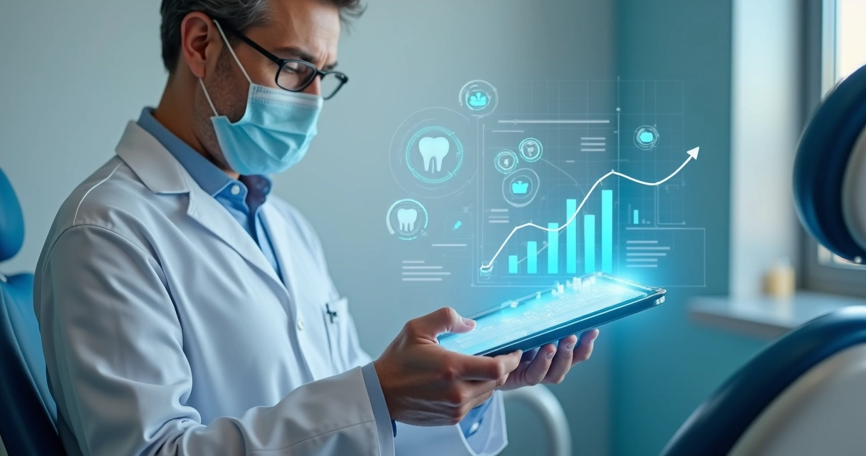 Dentista com tablet analisando IA para marketing 