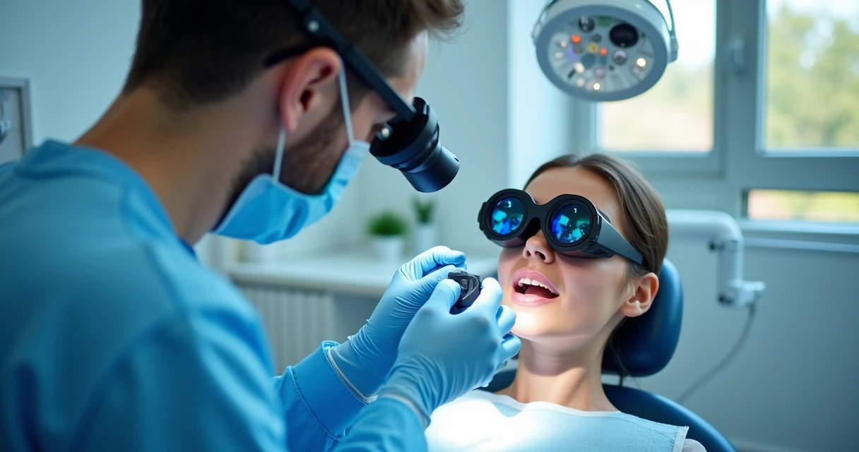 Dentista ajustando lupa binocular com lentes antirreflexo durante procedimento odontológico