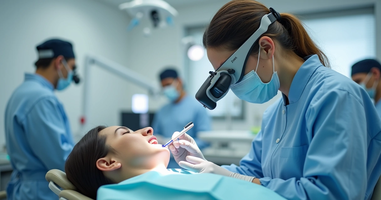 Dentista utilizando lupa binocular Zumax em procedimento