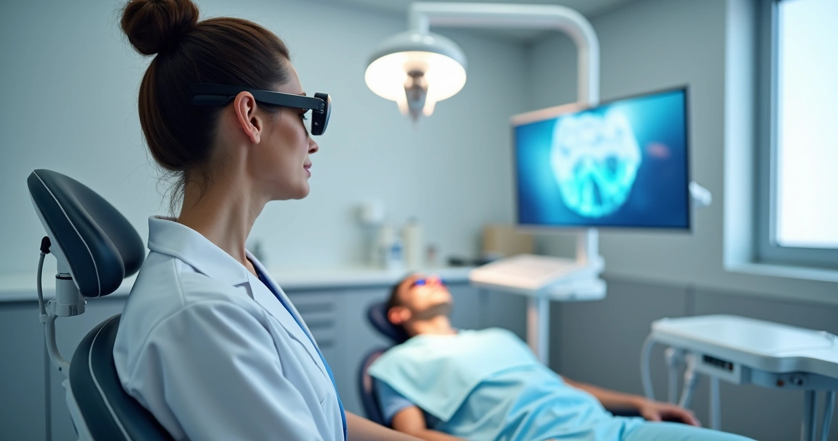 Dentista usando lupa binocular Zumax atendendo paciente no consultório 