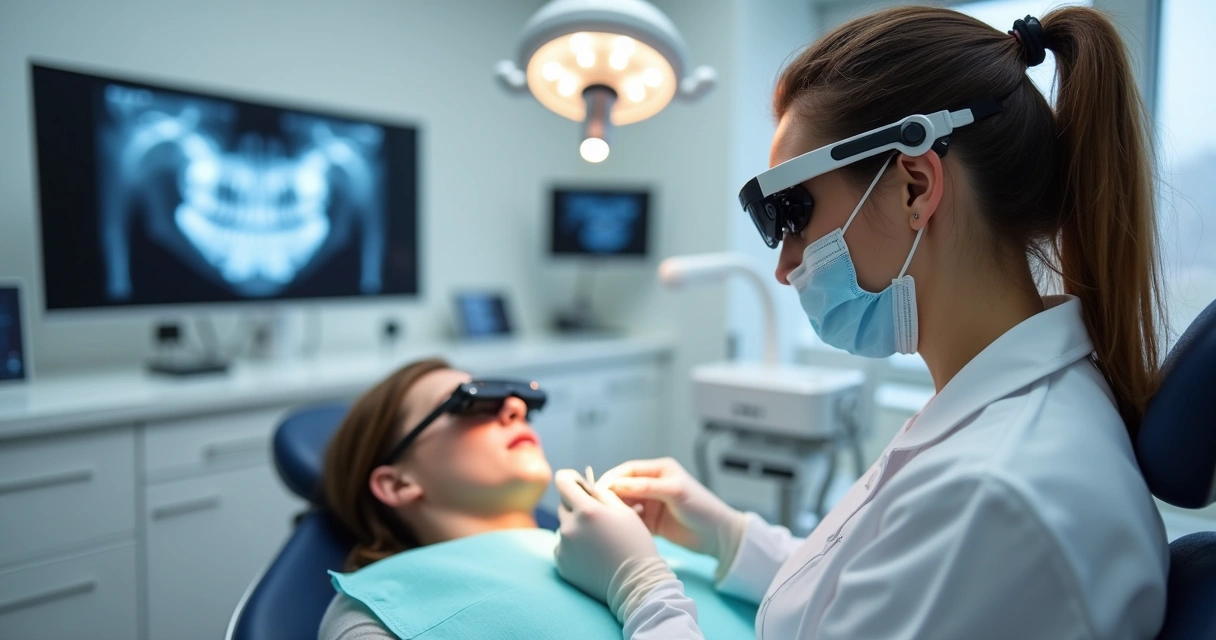 Dentista usando lupa odontológica com iluminação LED atendendo paciente em consultório moderno 