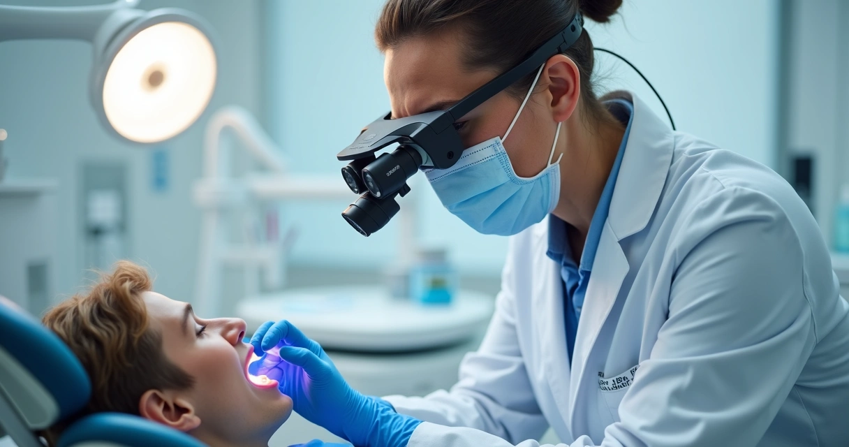 Dentista usando lupa odontológica com iluminação LED atendendo paciente 