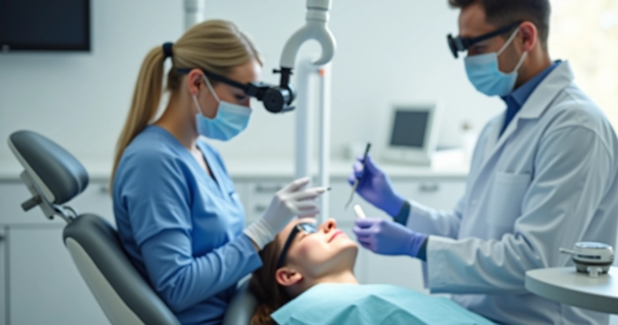 Dentista usando lupa SLK Zumax em postura ergonomicamente correta durante atendimento 